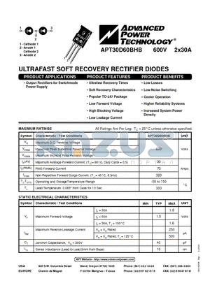 APT30D60BHB datasheet - ULTRAFAST SOFT RECOVERY RECTIFIER DIODES