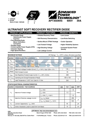 APT30D60S datasheet - ULTRAFAST SOFT RECOVERY RECTIFIER DIODE