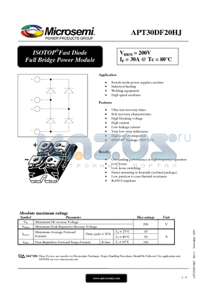 APT30DF20HJ datasheet - ISOTOP Fast Diode Full Bridge Power Module