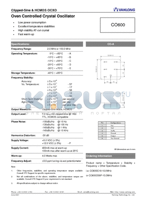 CO600B18 datasheet - Oven Controlled Crystal Oscillator