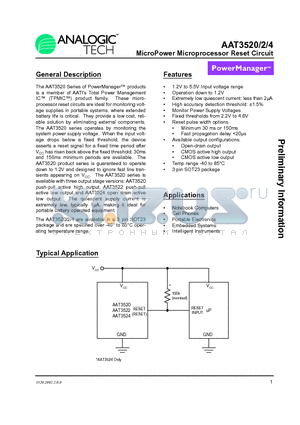 AAT3522IGY-463-200-T1 datasheet - MicroPower Microprocessor Reset Circuit