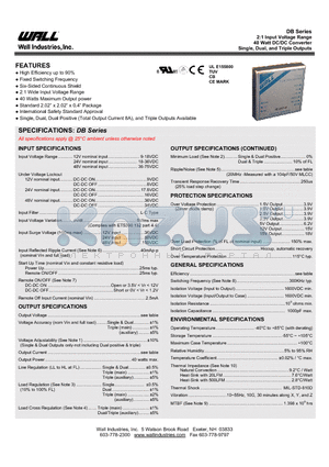 DB12S5-40 datasheet - 2:1 Input Voltage Range 40 Watt DC/DC Converter Single, Dual, and Triple Outputs