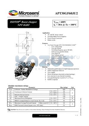 APT30GF60JU2 datasheet - ISOTOP Boost chopper NPT IGBT