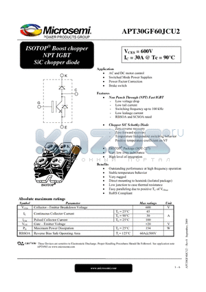 APT30GF60JCU2 datasheet - ISOTOP^ Boost chopper NPT IGBT SiC chopper diode