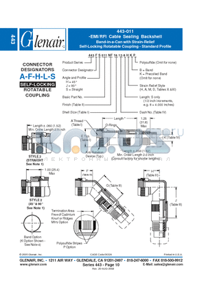 443AH011NF16 datasheet - EMI/RFI Cable Sealing Backshell