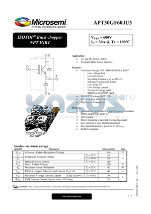 APT30GF60JU3 datasheet - ISOTOP Buck chopper NPT IGBT