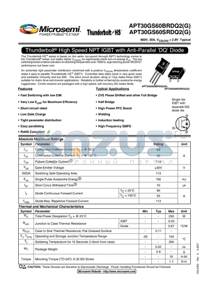 APT30GS60BRDQ2G datasheet - Thunderbolt High Speed NPT IGBT with Anti-Parallel DQ Diode