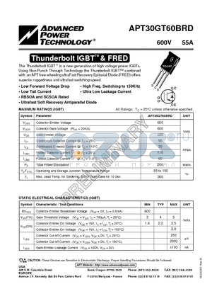 APT30GT60BRD datasheet - The Thunderbolt IGBT is a new generation of high voltage power IGBTs.