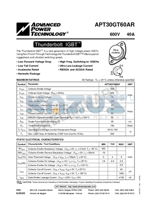 APT30GT60AR datasheet - The Thunderbolt IGBT is a new generation of high voltage power IGBTs.