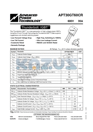 APT30GT60CR datasheet - The Thunderbolt IGBT is a new generation of high voltage power IGBTs.