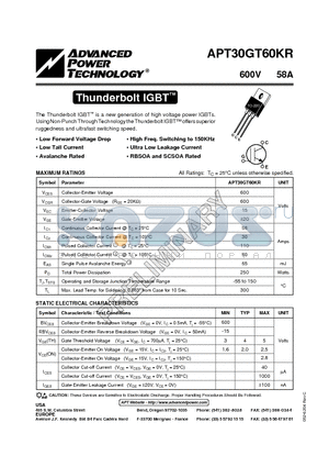 APT30GT60KR datasheet - The Thunderbolt IGBT is a new generation of high voltage power IGBTs.