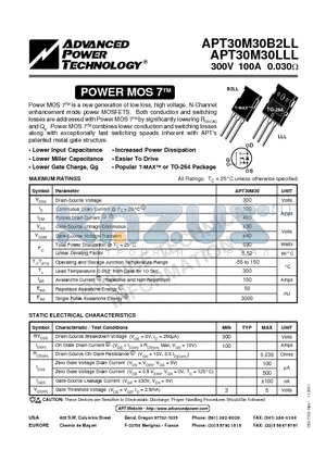 APT30M30B2LL datasheet - Power MOS 7TM is a new generation of low loss, high voltage, N-Channel enhancement mode power MOSFETS.