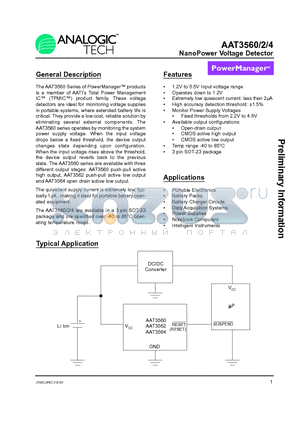 AAT3560IGY-280-T1 datasheet - NanoPower Voltage Detector