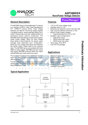 AAT3560IGY-300-T1 datasheet - NanoPower Voltage Detector