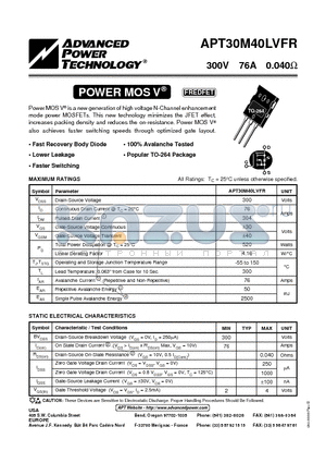 APT30M40LVFR datasheet - Power MOS V is a new generation of high voltage N-Channel enhancement mode power MOSFETs.