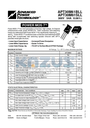 APT30M61BLL datasheet - Power MOS 7TM is a new generation of low loss, high voltage, N-Channel enhancement mode power MOSFETS.