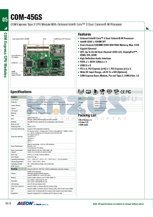 COM-45GS datasheet - Onboard Intel^ Core 2 Duo/ Celeron^ M Processor