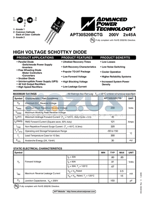 APT30S20BCTG datasheet - HIGH VOLTAGE SCHOTTKY DIODE