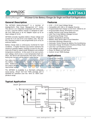 AAT3663-4.2-2 datasheet - 1A Linear Li-Ion Battery Charger for Single and Dual Cell Applications