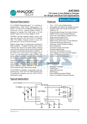 AAT3663-8.4-1 datasheet - 1A Linear Li-Ion Battery Charger for Single and Dual Cell Applications