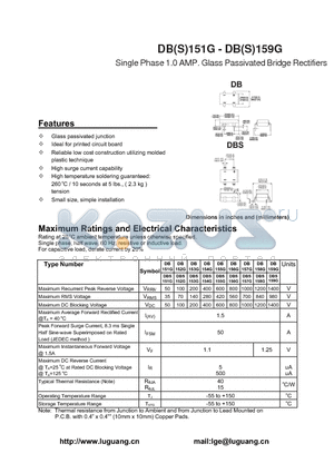 DB151G datasheet - Single Phase 1.0 AMP. Glass Passivated Bridge Rectifiers