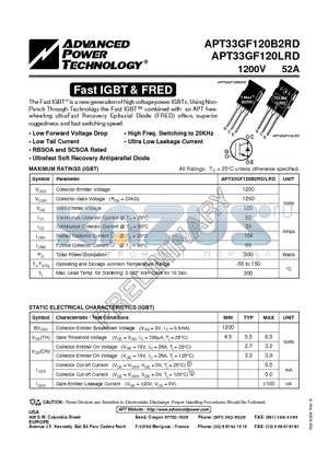 APT33GF120B2RD datasheet - The Fast IGBT is a new generation of high voltage power IGBTs.