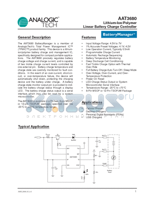AAT3680 datasheet - Lithium-Ion/Polymer Linear Battery Charge Controller