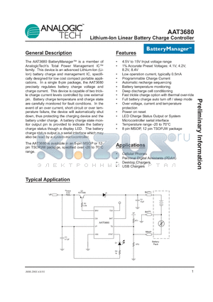 AAT3680IKS-4.1-T1 datasheet - Lithium-Ion Linear Battery Charge Controller