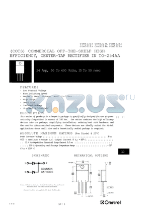 COM5221A datasheet - (COTS) COMMERCIAL OFF-THE-SHELF HIGH EFFICIENCY, CENTER-TAP RECTIFIER IN TO-254AA