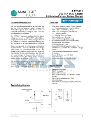 AAT3681IJS-4.2-1-T1 datasheet - USB Port or AC Adapter Lithium-Ion/Polymer Battery Charger