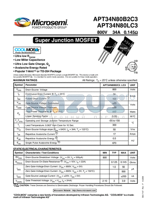 APT34N80B2C3 datasheet - Super Junction MOSFET