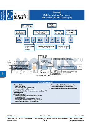 240-021H15PJCBC-S datasheet - D-Subminiature Connector EMI Filtered