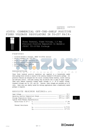 COM7805T datasheet - COMMERCIAL OFF-THE-SHELF POSITIVE FIXED VOLTAGE REGULATORS IN TO-257 PAC K