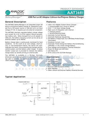AAT3681_08 datasheet - USB Port or AC Adapter Lithium-Ion/Polymer Battery Charger