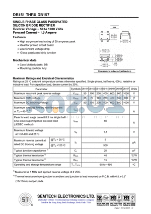 DB153 datasheet - SINGLE-PHASE GLASS PASSIVATED SILICON BRIDGE RECTIFIER