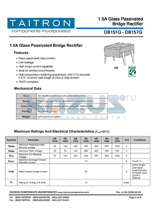 DB153G datasheet - 1.5A Glass Passivated Bridge Rectifier