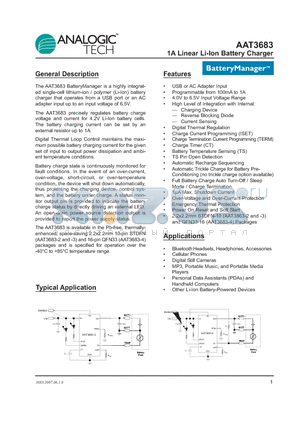 AAT3683IVN-4.2-4-T1 datasheet - 1A Linear Li-Ion Battery Charger