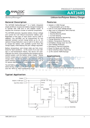 AAT3685 datasheet - Lithium-Ion/Polymer Battery Charger