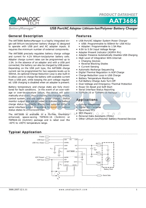 AAT3686-1 datasheet - USB Port/AC Adapter Lithium-Ion/Polymer Battery Charger