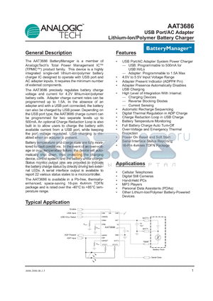 AAT3686IXN-4.2-T1 datasheet - USB Port/AC Adapter Lithium-Ion/Polymer Battery Charger