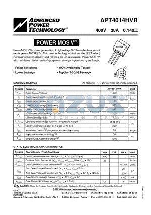 APT4014HVR datasheet - Power MOS V is a new generation of high voltage N-Channel enhancement mode power MOSFETs.