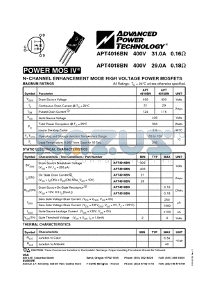 APT4016BN datasheet - N-CHANNEL ENHANCEMENT MODE HIGH VOLTAGE POWER MOSFETS