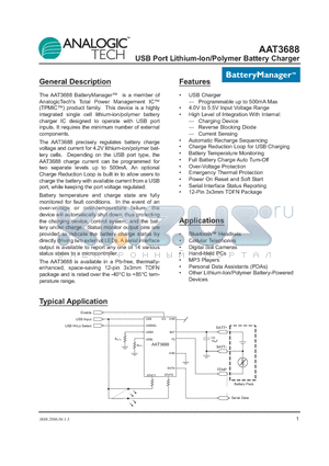 AAT3688 datasheet - USB Port Lithium-Ion/Polymer Battery Charger