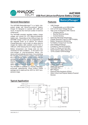 AAT3688 datasheet - USB Port Lithium-Ion/Polymer Battery Charger