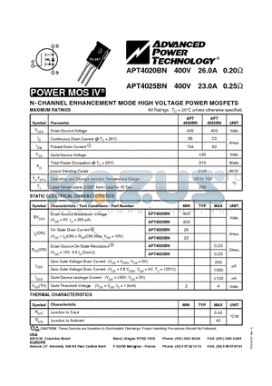 APT4020BN datasheet - N-CHANNEL ENHANCEMENT MODE HIGH VOLTAGE POWER MOSFETS