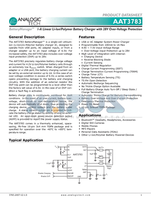 AAT3783 datasheet - 1-A Linear Li-Ion/Polymer Battery Charger with 28V Over-Voltage Protection