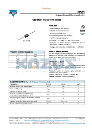 31GF6 datasheet - Ultrafast Plastic Rectifier