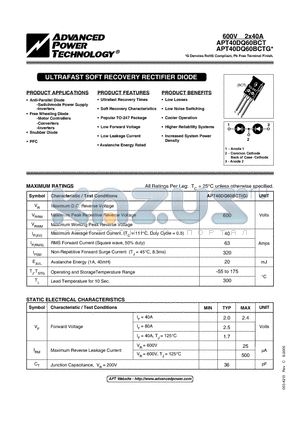 APT40DQ60BCTG datasheet - ULTRAFAST SOFT RECOVERY RECTIFIER DIODE