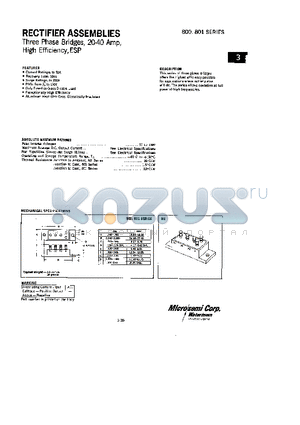 800-1 datasheet - RECTIFIERS ASSEMBLIES THREE PHASE BRIDGES, 20-40 AMP, STANDARD HIGH EFFICIENCY, ESP