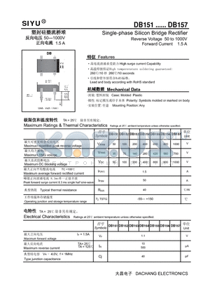 DB157 datasheet - Single-phase Silicon Bridge Rectifier Reverse Voltage 50 to 1000V Forward Current 1.5 A